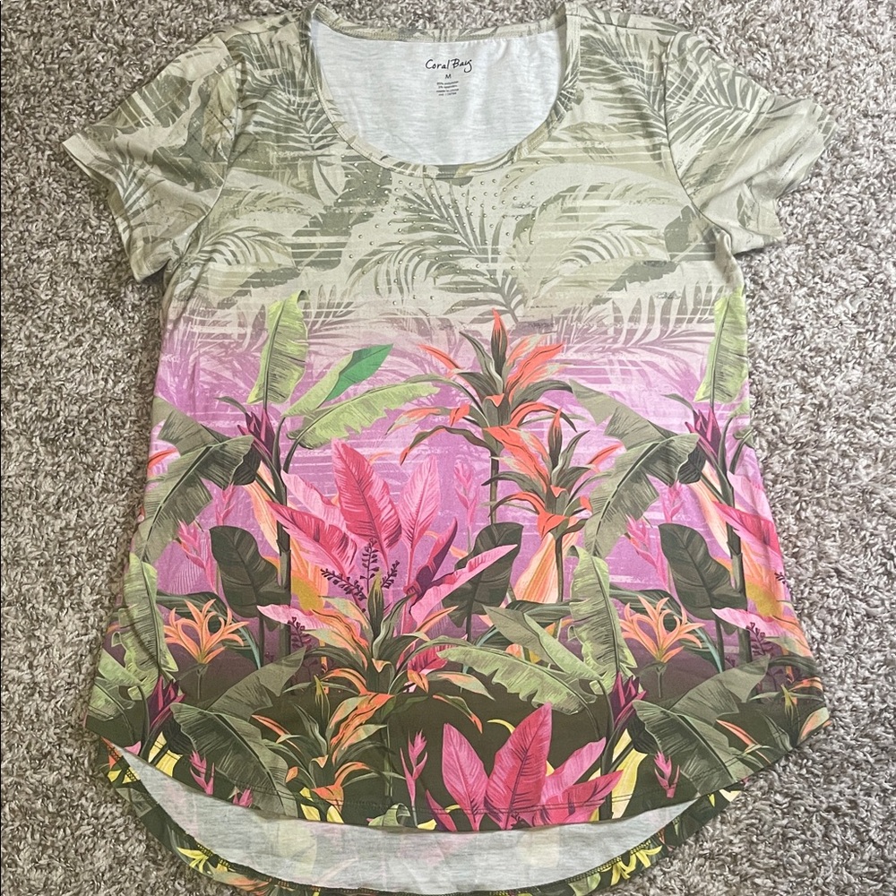 Coral Bay Women's Short Sleeve Tropical Tee - Green and Pink